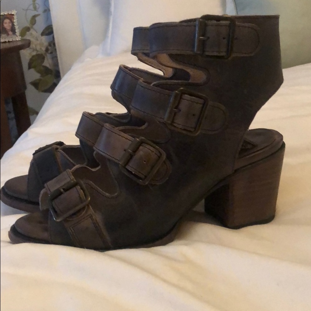 Distressed leather Freebird  sandal booties.